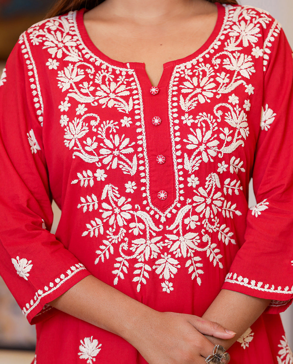 Kaajh Women's Red Lucknow Chikankari Kurta Set With Pant and Dupatta - Distacart