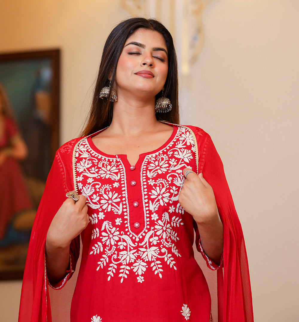 Kaajh Women's Red Lucknow Chikankari Kurta Set With Pant and Dupatta - Distacart