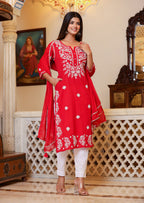 Kaajh Women's Red Lucknow Chikankari Kurta Set With Pant and Dupatta - Distacart