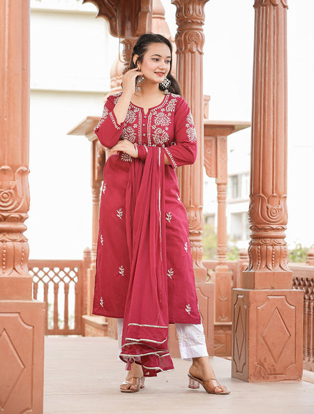 Kaajh Women's Wine Red Lucknow Chikankari Cotton Kurta Set With Dupatta