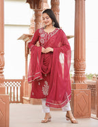 Kaajh Women's Wine Red Lucknow Chikankari Cotton Kurta Set With Dupatta - Distacart
