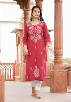 Kaajh Women's Wine Red Lucknow Chikankari Cotton Kurta Set With Dupatta - Distacart