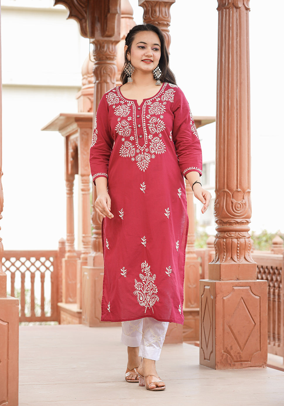 Kaajh Women's Wine Red Lucknow Chikankari Cotton Kurta Set With Dupatta - Distacart