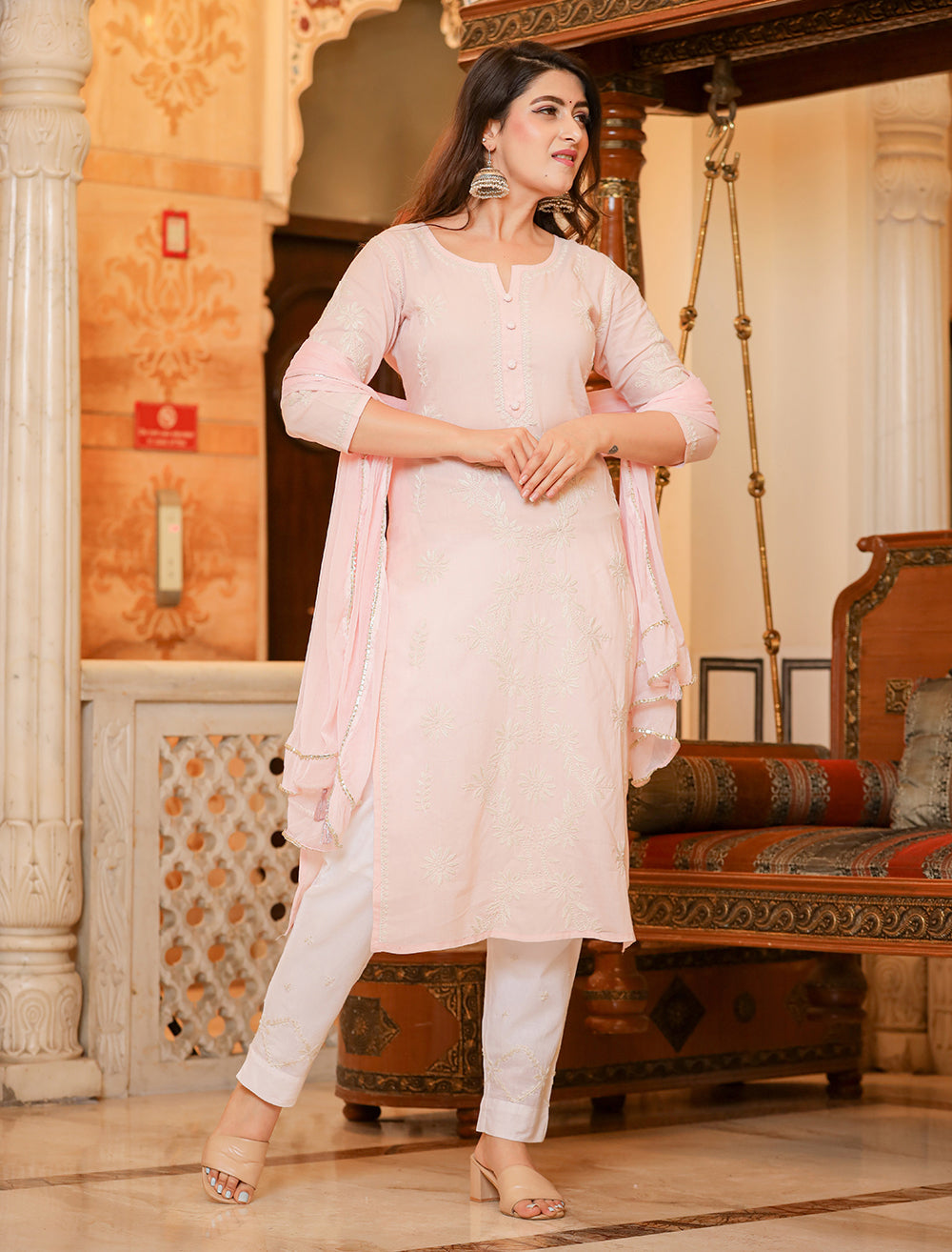 Kaajh Women's Peach Lucknow Chikankari Suit Set - Distacart