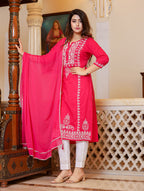 Kaajh Women's Pink Hand Embroidered Lucknow Chikankari Kurta Set With Dupatta - Distacart