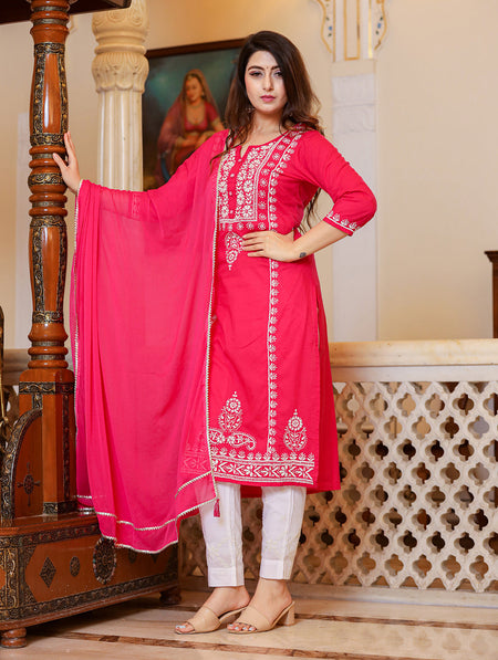 Kaajh Women's Pink Hand Embroidered Lucknow Chikankari Kurta Set With Dupatta