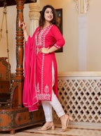 Kaajh Women's Pink Hand Embroidered Lucknow Chikankari Kurta Set With Dupatta - Distacart