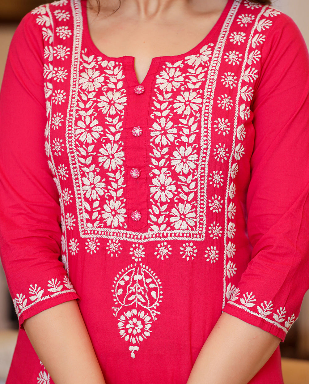 Kaajh Women's Pink Hand Embroidered Lucknow Chikankari Kurta Set With Dupatta - Distacart