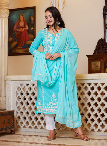 Kaajh Women's Turquoise Hand Embroidered Lucknow Chikankari Kurta Set With Dupatta