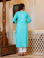 Kaajh Women's Turquoise Hand Embroidered Lucknow Chikankari Kurta Set With Dupatta - Distacart