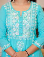 Kaajh Women's Turquoise Hand Embroidered Lucknow Chikankari Kurta Set With Dupatta - Distacart