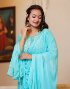 Kaajh Women's Turquoise Hand Embroidered Lucknow Chikankari Kurta Set With Dupatta - Distacart