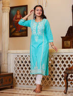 Kaajh Women's Turquoise Hand Embroidered Lucknow Chikankari Kurta Set With Dupatta - Distacart