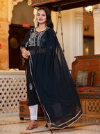 Kaajh Women's Black Lucknow Chikankari Kurta Pant Set With Dupatta - Distacart