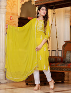 Kaajh Women's Mustard Lucknow Chikankari Kurta Pant Set With Dupatta - Distacart