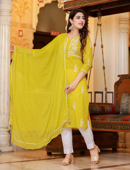 Kaajh Women's Mustard Lucknow Chikankari Kurta Pant Set With Dupatta