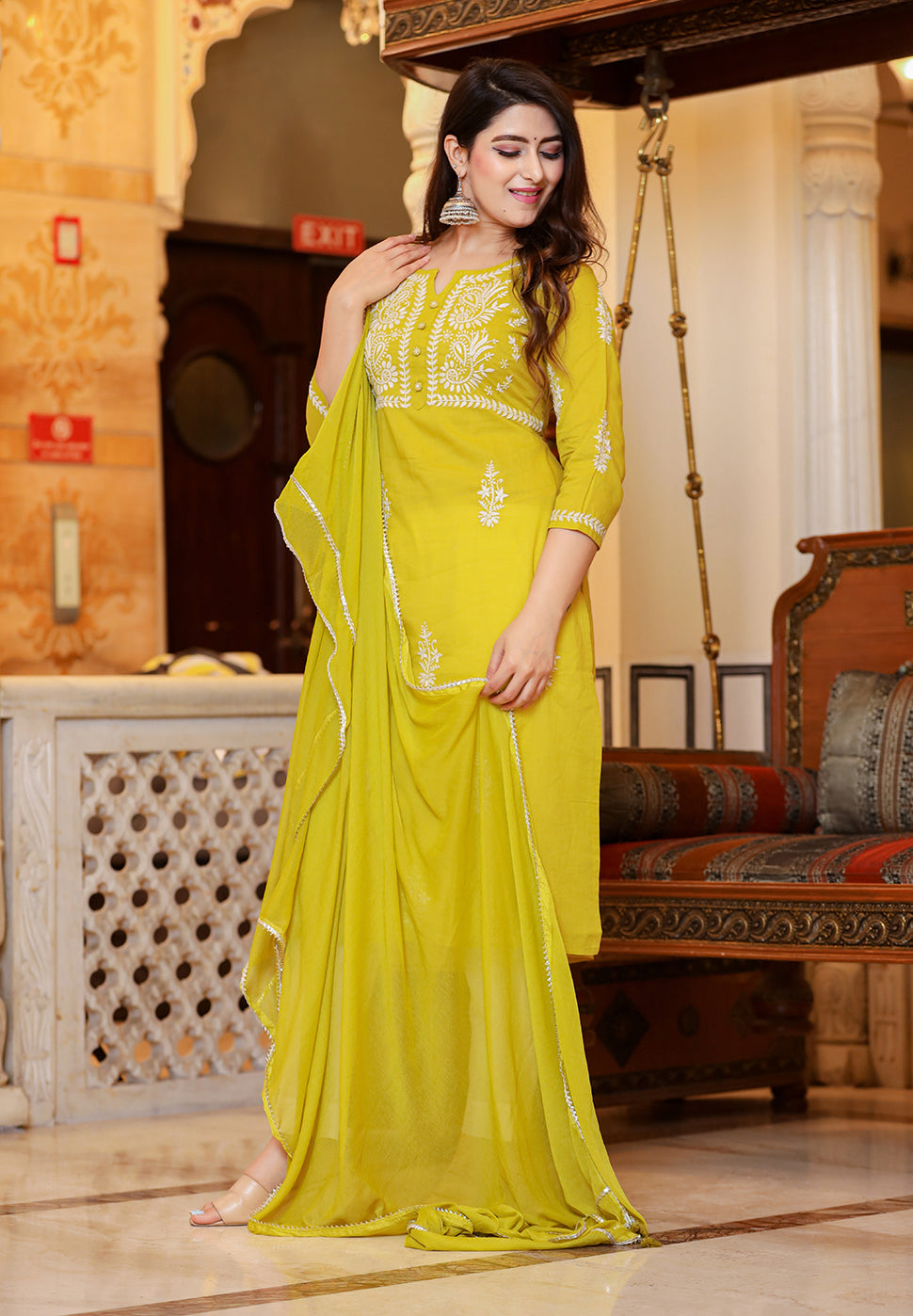 Kaajh Women's Mustard Lucknow Chikankari Kurta Pant Set With Dupatta - Distacart