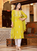 Kaajh Women's Mustard Lucknow Chikankari Kurta Pant Set With Dupatta - Distacart