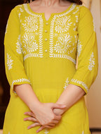 Kaajh Women's Mustard Lucknow Chikankari Kurta Pant Set With Dupatta - Distacart