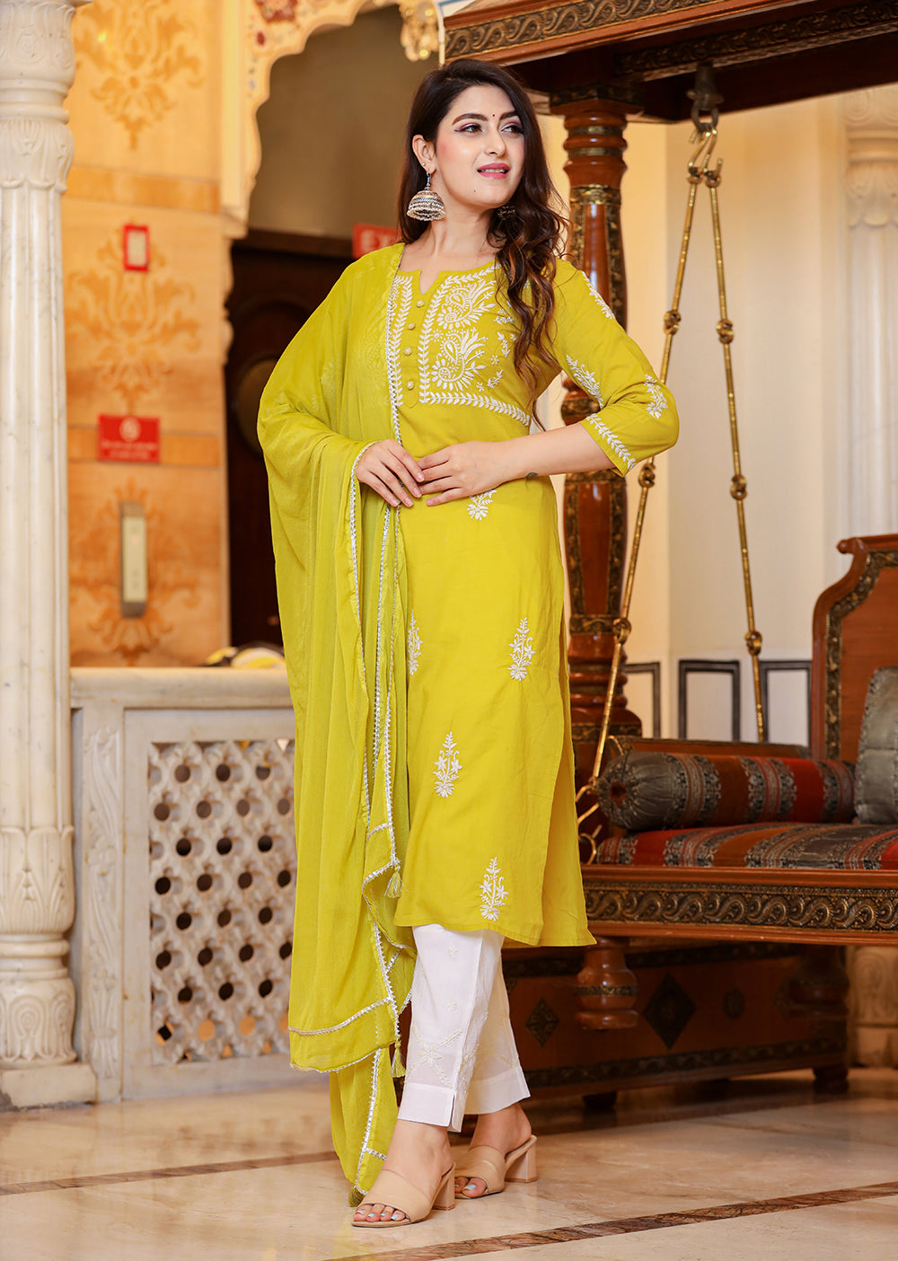 Kaajh Women's Mustard Lucknow Chikankari Kurta Pant Set With Dupatta - Distacart
