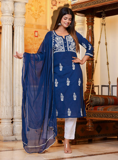 Kaajh Women's Navy Blue Lucknow Chikankari Kurta Pant Set With Dupatta