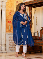 Kaajh Women's Navy Blue Lucknow Chikankari Kurta Pant Set With Dupatta - Distacart
