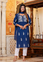 Kaajh Women's Navy Blue Lucknow Chikankari Kurta Pant Set With Dupatta - Distacart