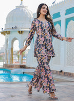 Kaajh Women's Grey Floral Printed Kurta With Sharara - Distacart