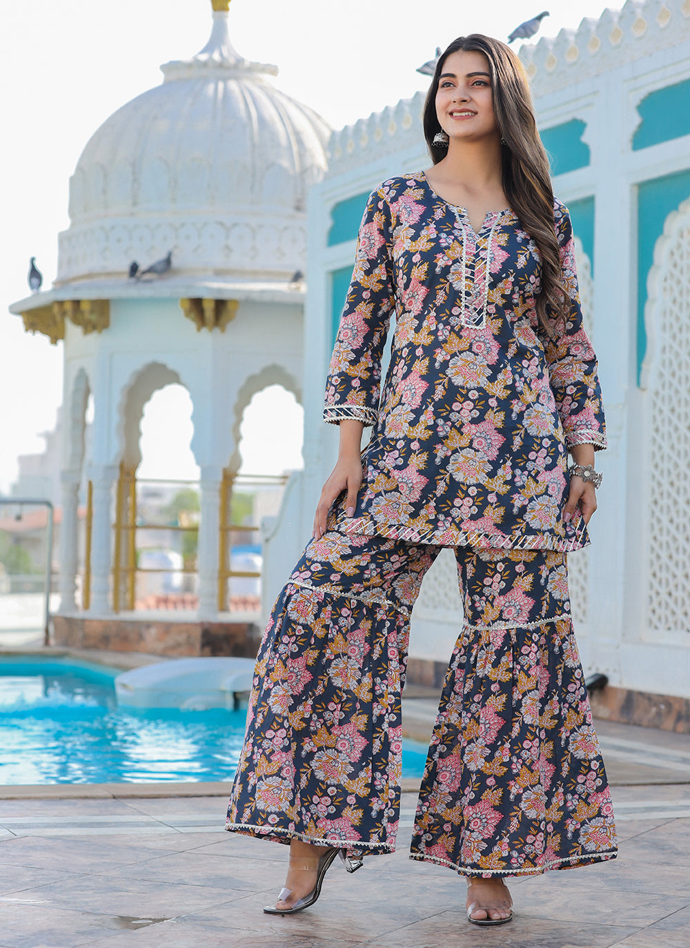 Kaajh Women's Grey Floral Printed Kurta With Sharara - Distacart