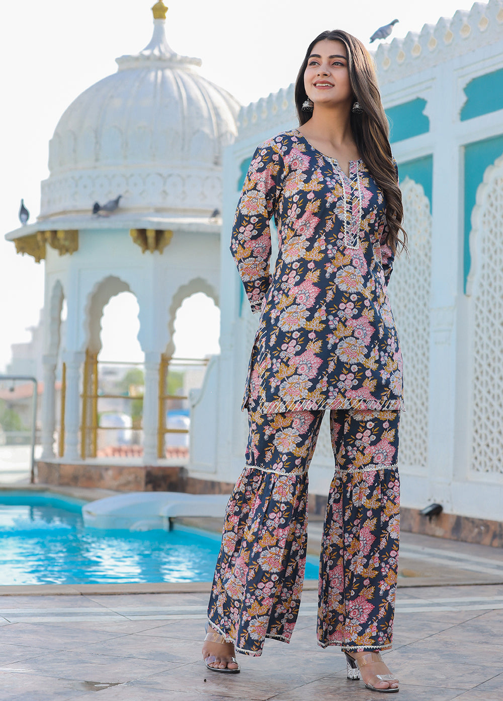 Kaajh Women's Grey Floral Printed Kurta With Sharara - Distacart