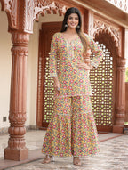 Kaajh Women's Yellow Floral Printed Kurta With Sharara - Distacart