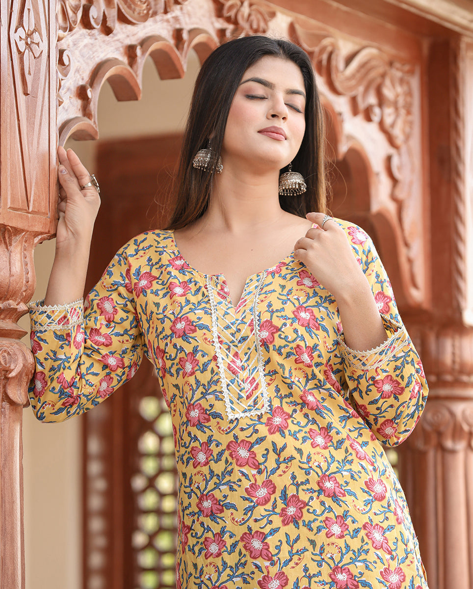 Kaajh Women's Yellow Floral Printed Kurta With Sharara - Distacart