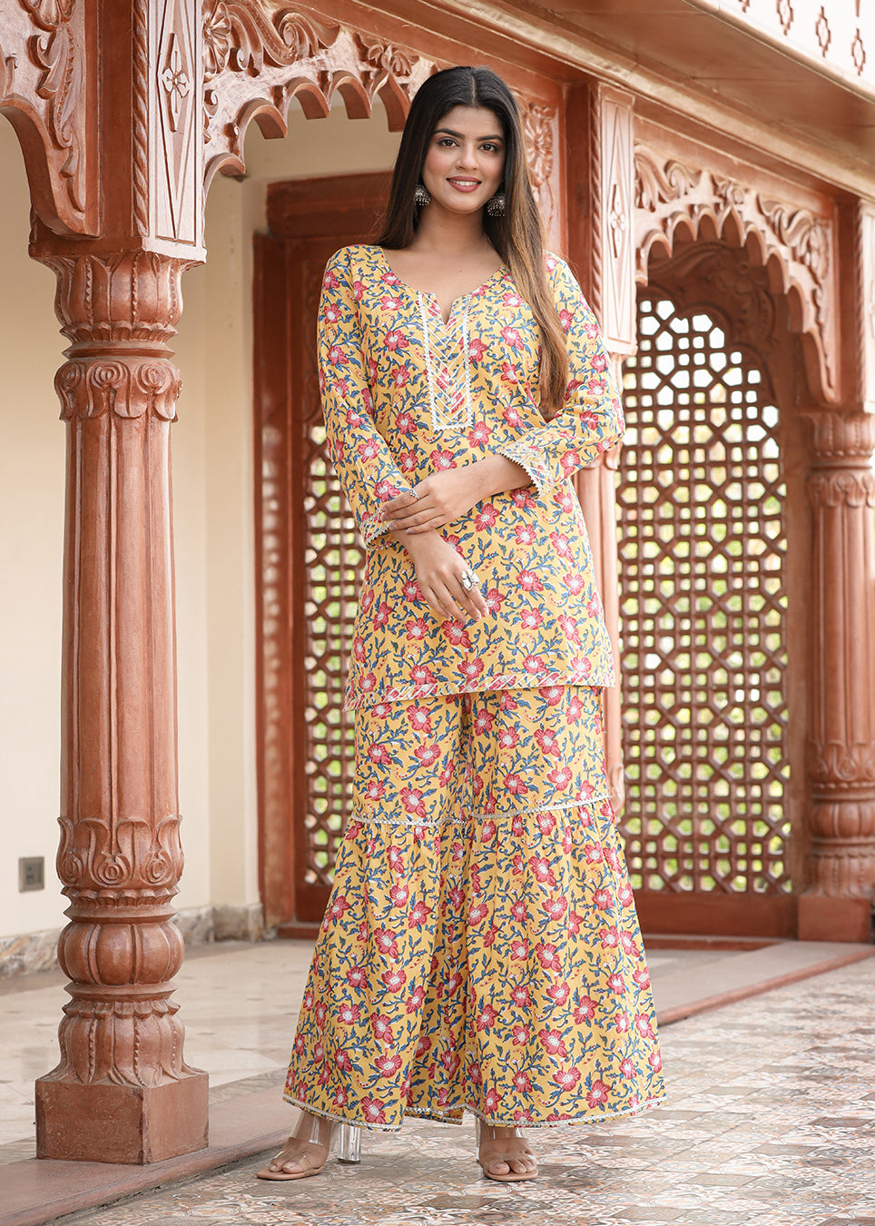Kaajh Women's Yellow Floral Printed Kurta With Sharara - Distacart