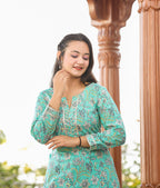 Kaajh Women's Green Floral Printed Kurta With Sharara - Distacart