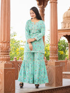 Kaajh Women's Green Floral Printed Kurta With Sharara - Distacart