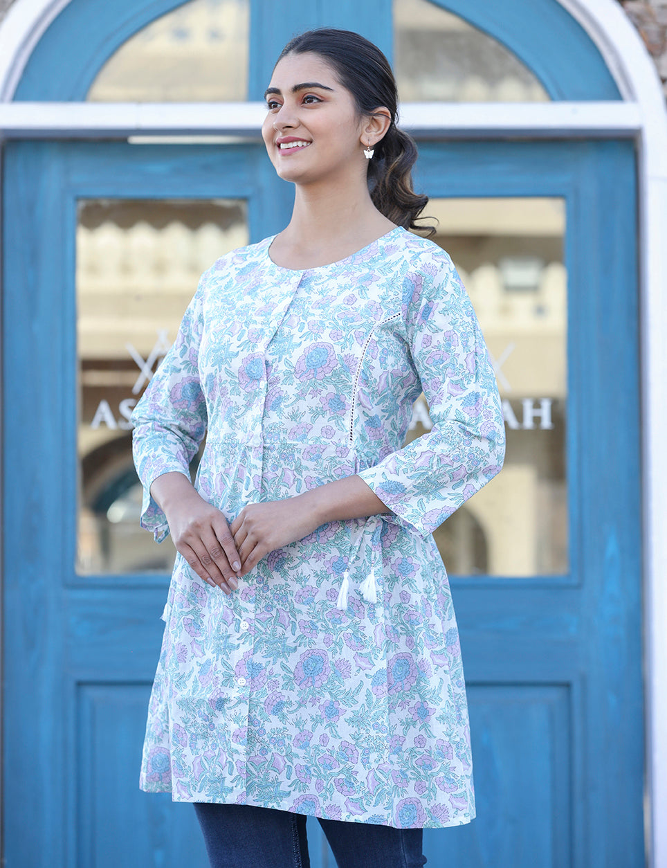 Kaajh White Floral Print Cotton Shirt Tunic - Distacart
