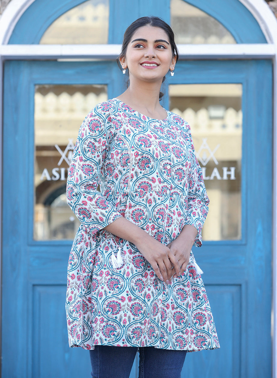 Kaajh White-Pink Floral Print Cotton Shirt Style Tunic - Distacart
