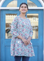 Kaajh White-Pink Floral Print Cotton Shirt Style Tunic - Distacart