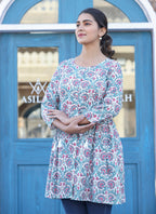 Kaajh White-Pink Floral Print Cotton Shirt Style Tunic - Distacart