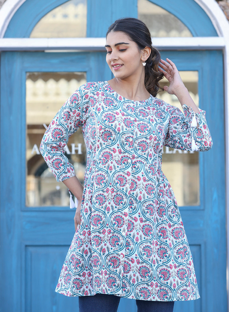 Kaajh White-Pink Floral Print Cotton Shirt Style Tunic - Distacart