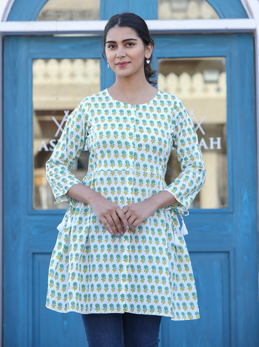 Kaajh White-Green Floral Print Cotton Shirt Style Tunic - Distacart