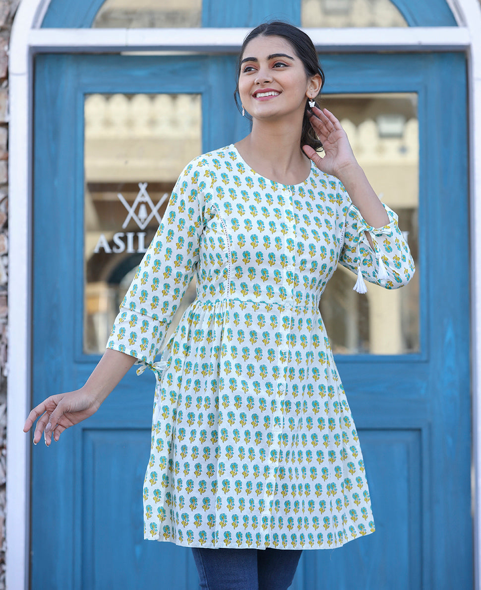 Kaajh White-Green Floral Print Cotton Shirt Style Tunic - Distacart