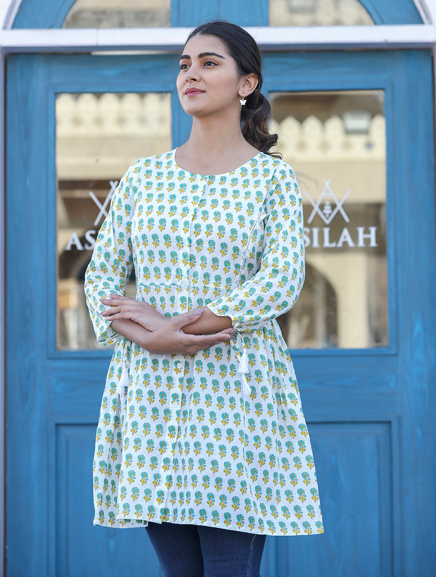 Kaajh White-Green Floral Print Cotton Shirt Style Tunic - Distacart