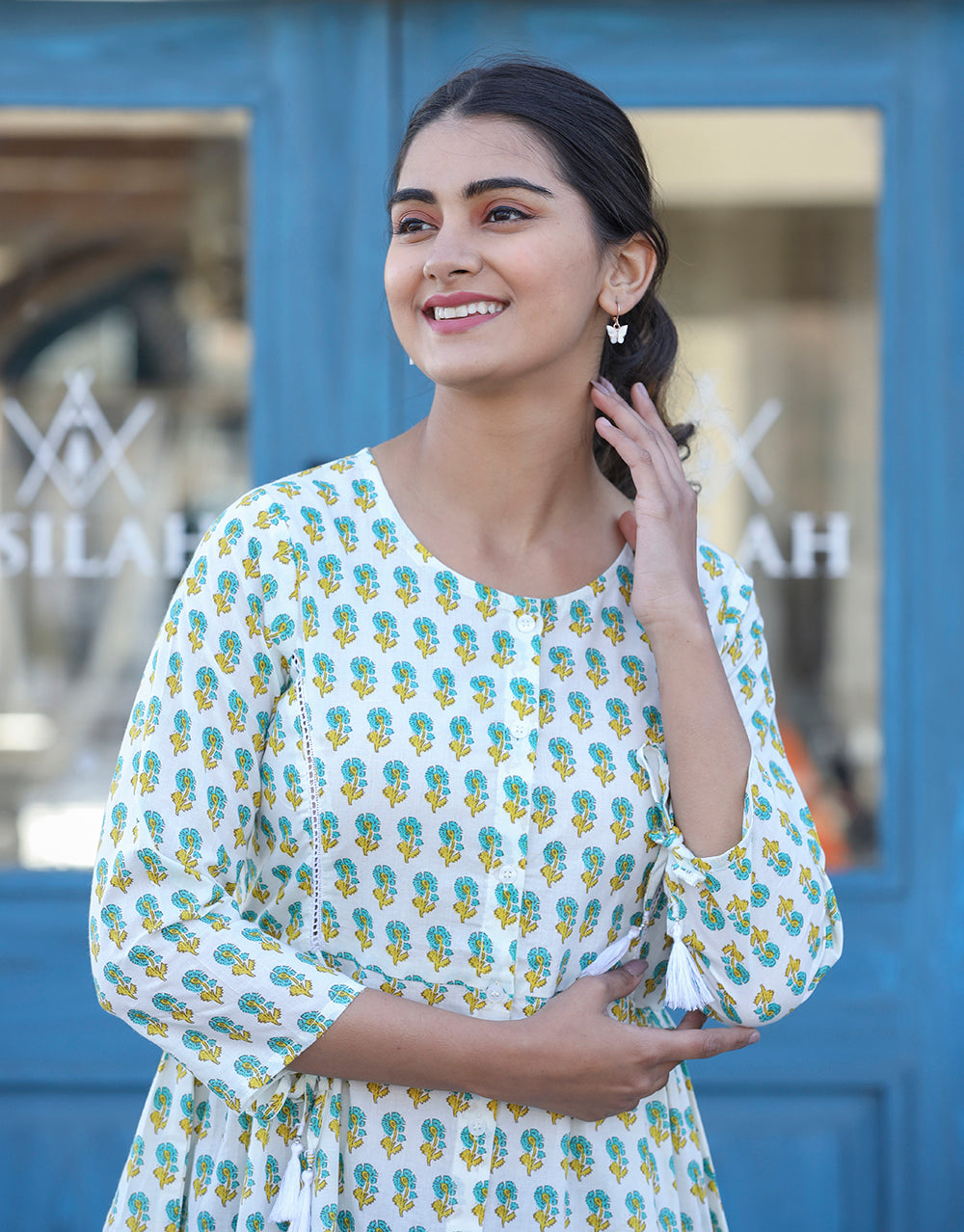 Kaajh White-Green Floral Print Cotton Shirt Style Tunic - Distacart