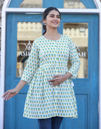 Kaajh White-Green Floral Print Cotton Shirt Style Tunic - Distacart