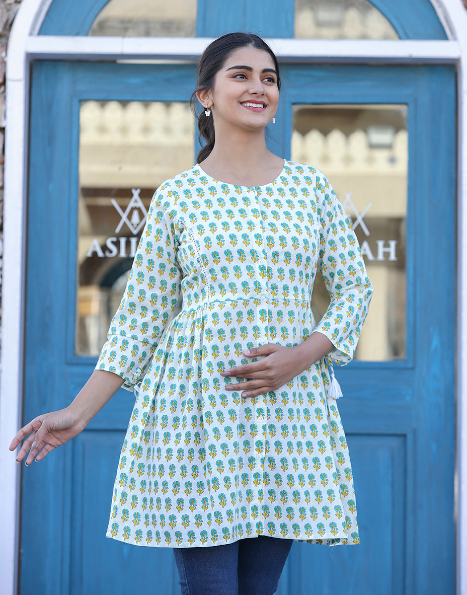 Kaajh White-Green Floral Print Cotton Shirt Style Tunic - Distacart