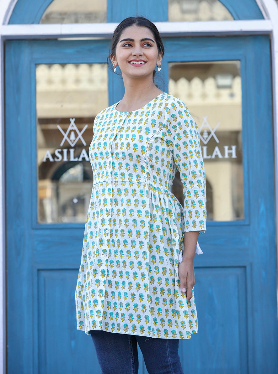 Kaajh White-Green Floral Print Cotton Shirt Style Tunic - Distacart