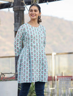 Kaajh Light Green Floral Print Cotton Shirt Style Tunic - Distacart
