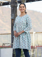 Kaajh Light Green Floral Print Cotton Shirt Style Tunic - Distacart