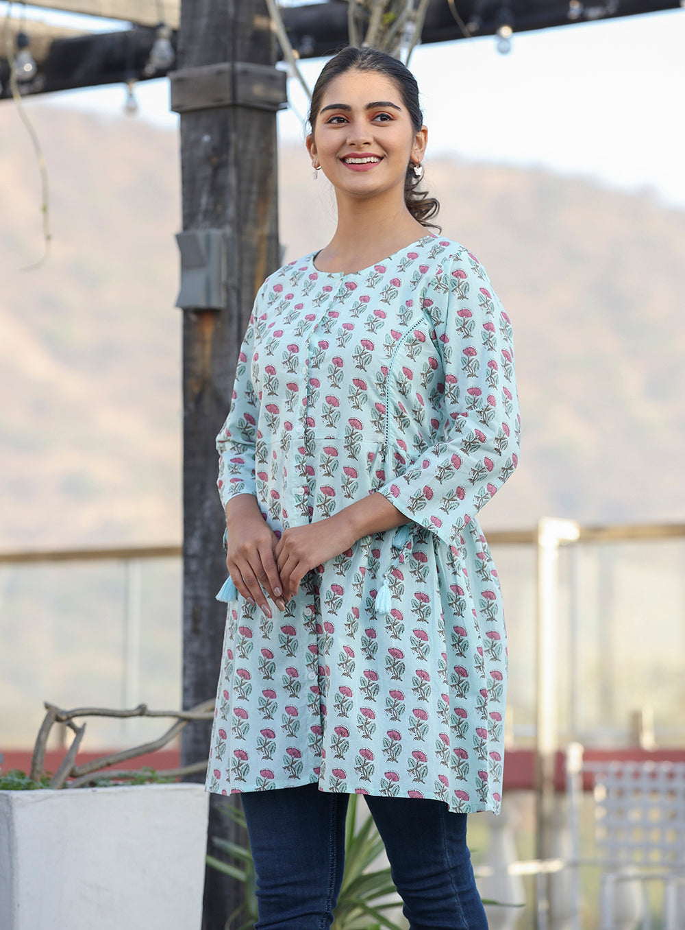 Kaajh Light Green Floral Print Cotton Shirt Style Tunic - Distacart